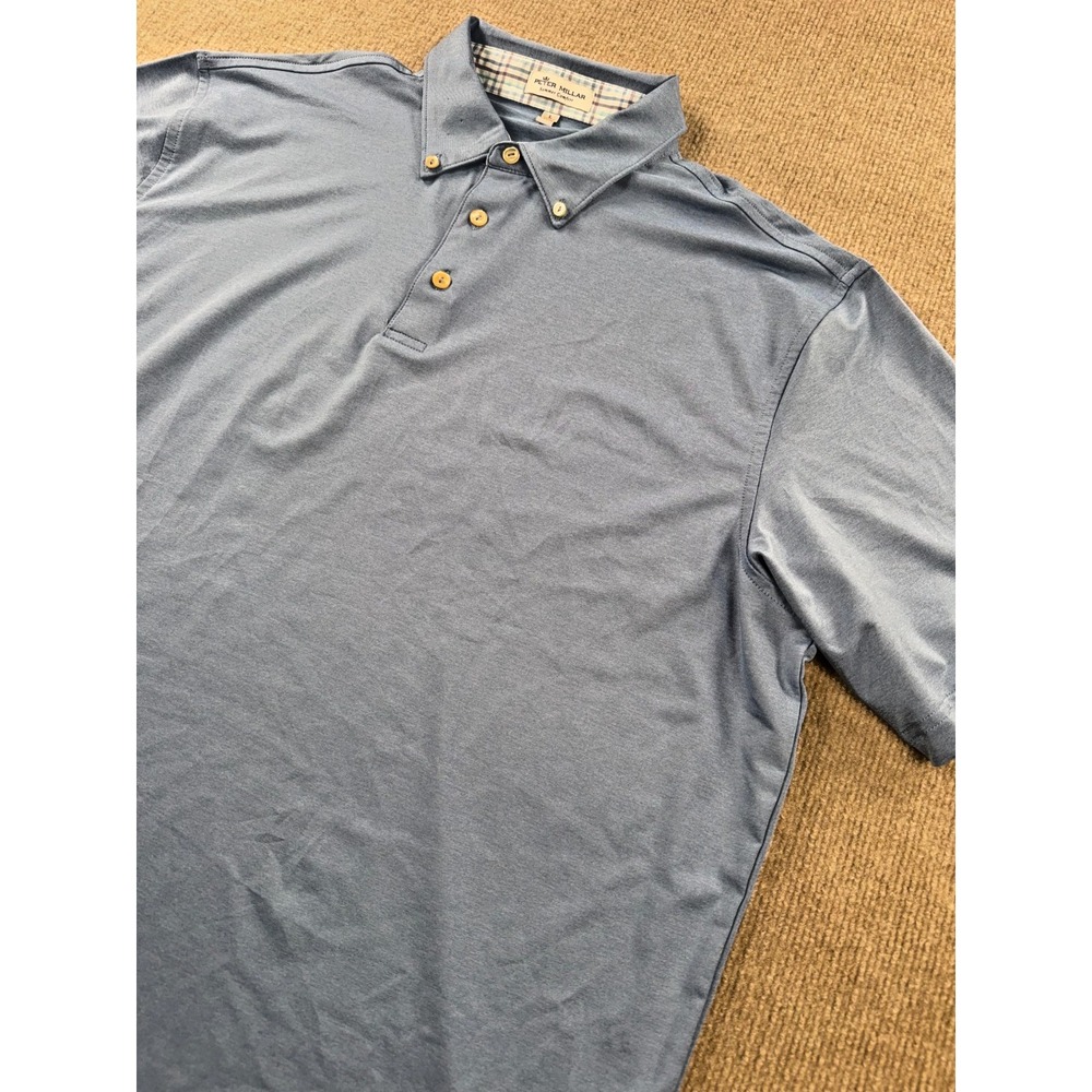 Peter Millar Polo Shirt‎ Large Blue Summer Comfort Short Sleeve w/small pin hole